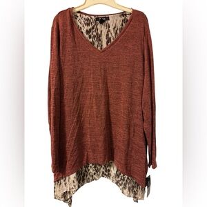 Style & Co Brown Rust Marled V-Neck Layered-Look Sweater Top 1X Plus Size NWT